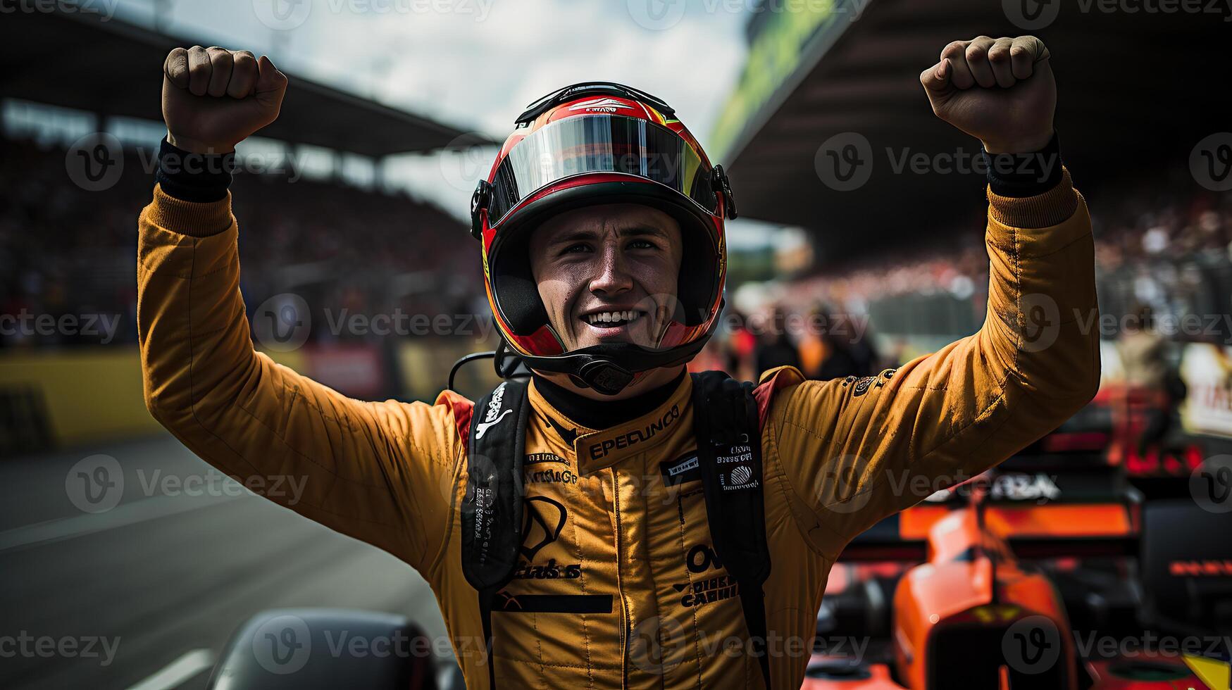 f1 course voiture chauffeur célébrer le gagner dans une course contre brillant stade. génératif ai. photo