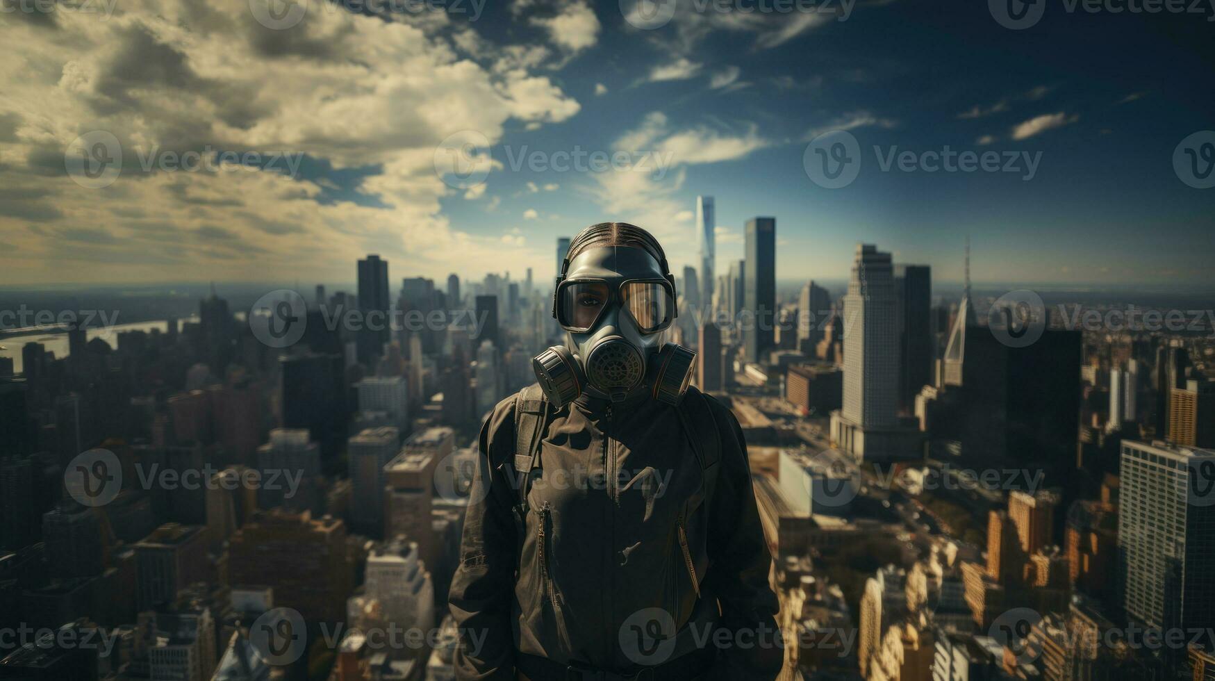 femme dans une gaz masque sur une Contexte de le Nouveau york ville ligne d'horizon. génératif ai. photo