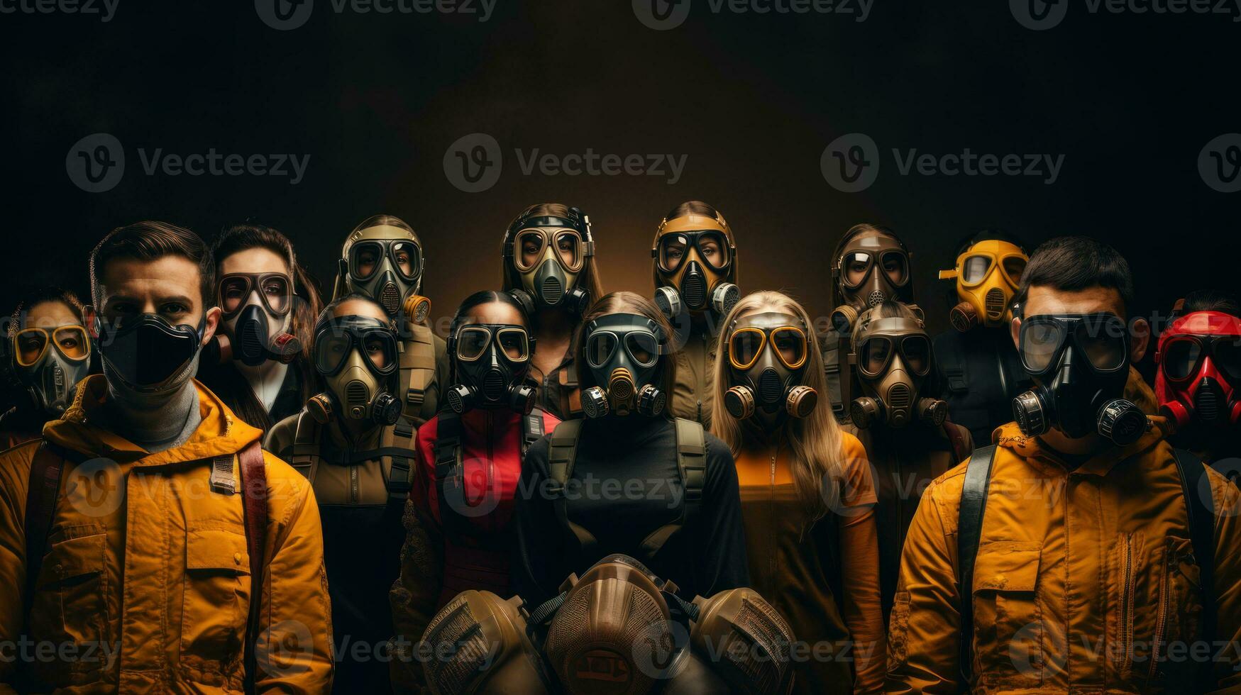 groupe de Publier apocalyptique gens dans gaz masques sur foncé Contexte. génératif ai. photo