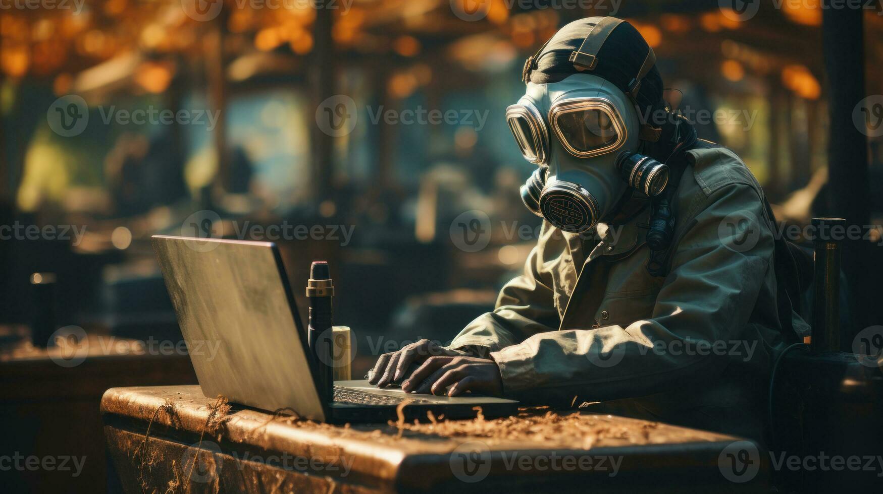 homme dans gaz masque travail sur portable tandis que séance à Publier apocalyptique café terrasse. génératif ai. photo