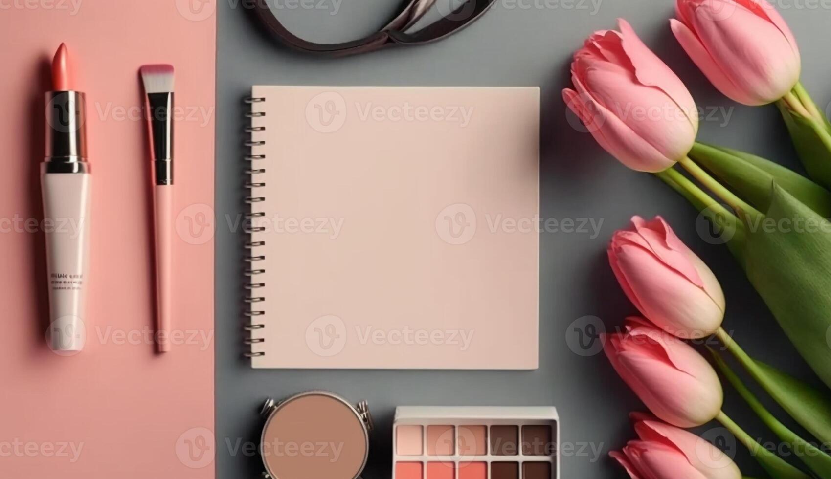 Haut vue avec rose tulipes fleurs, chaussures, rouge à lèvres et cosmétique arrière-plan, génératif ai photo