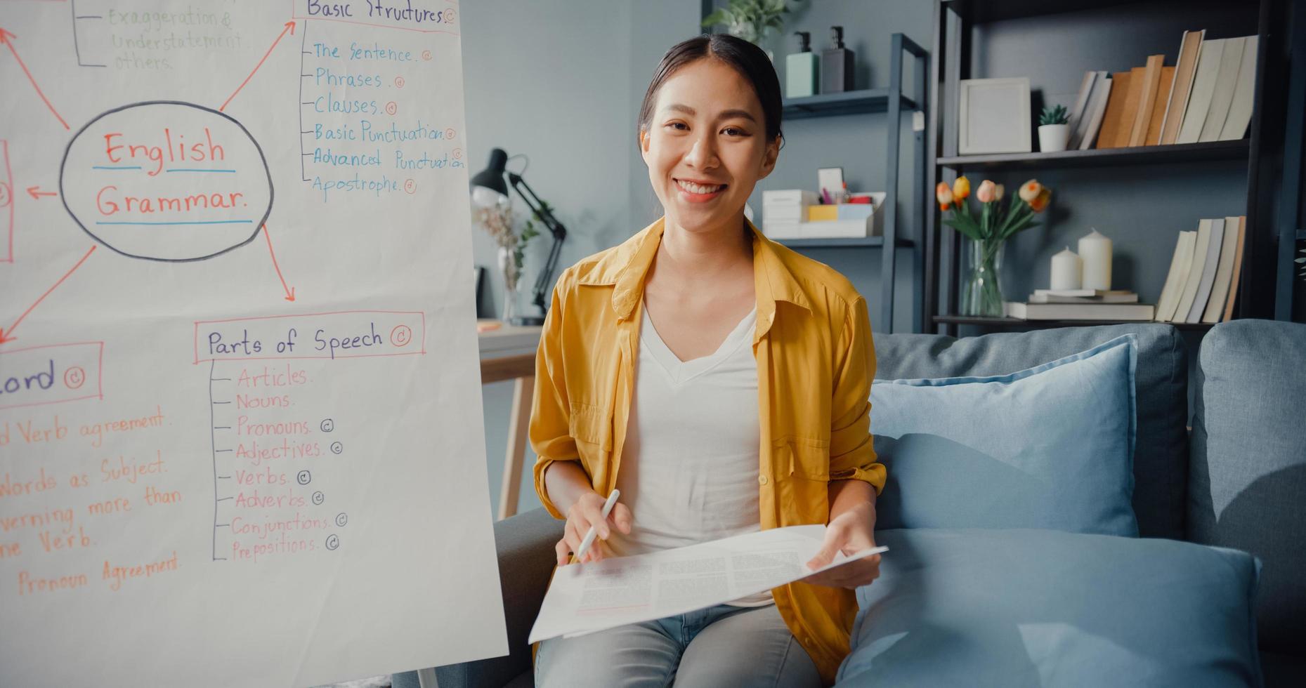 jeune femme asiatique professeur d'anglais conférence vidéo regardant la caméra parler par webcam apprendre à enseigner dans le chat en ligne à la maison photo