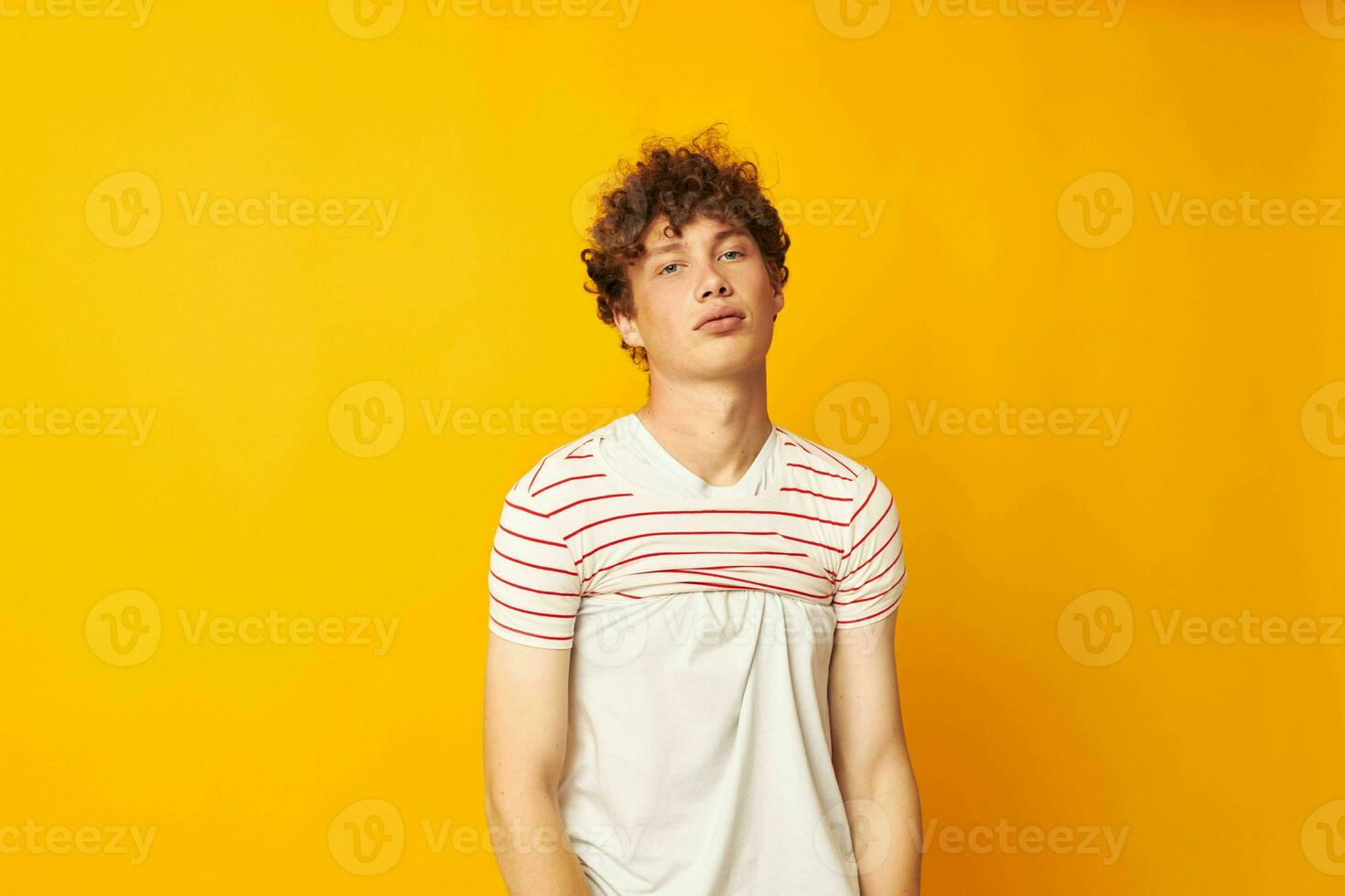 portrait de une Jeune frisé homme dans une blanc T-shirt détient une rayé T-shirt mode jeunesse style mode de vie inchangé photo