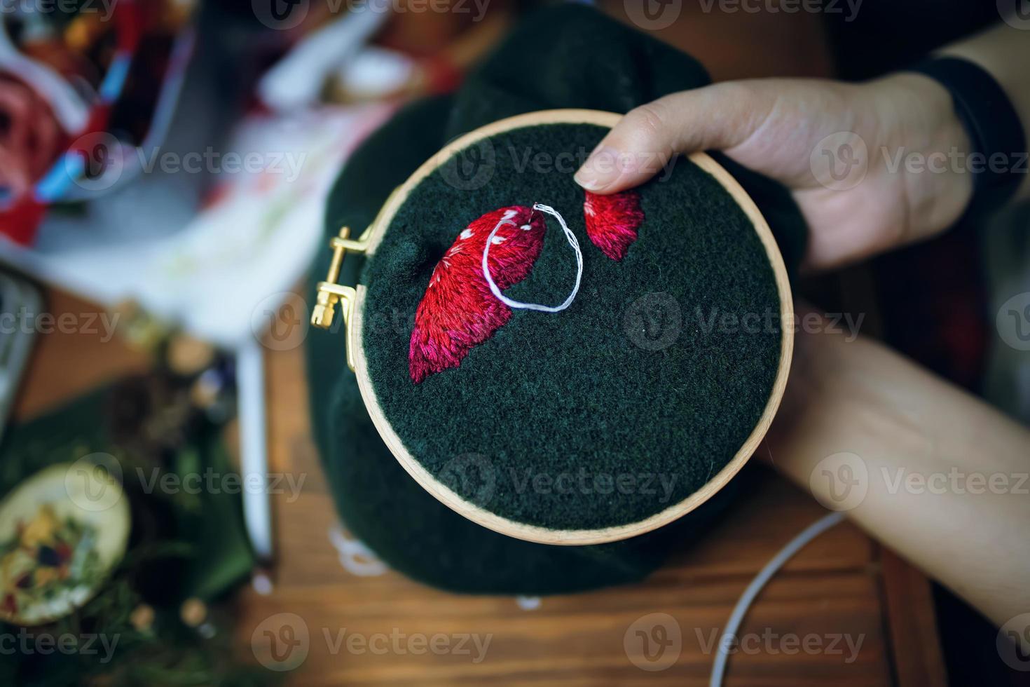 Fille mains chapeau de champignon broderie sur cadre photo