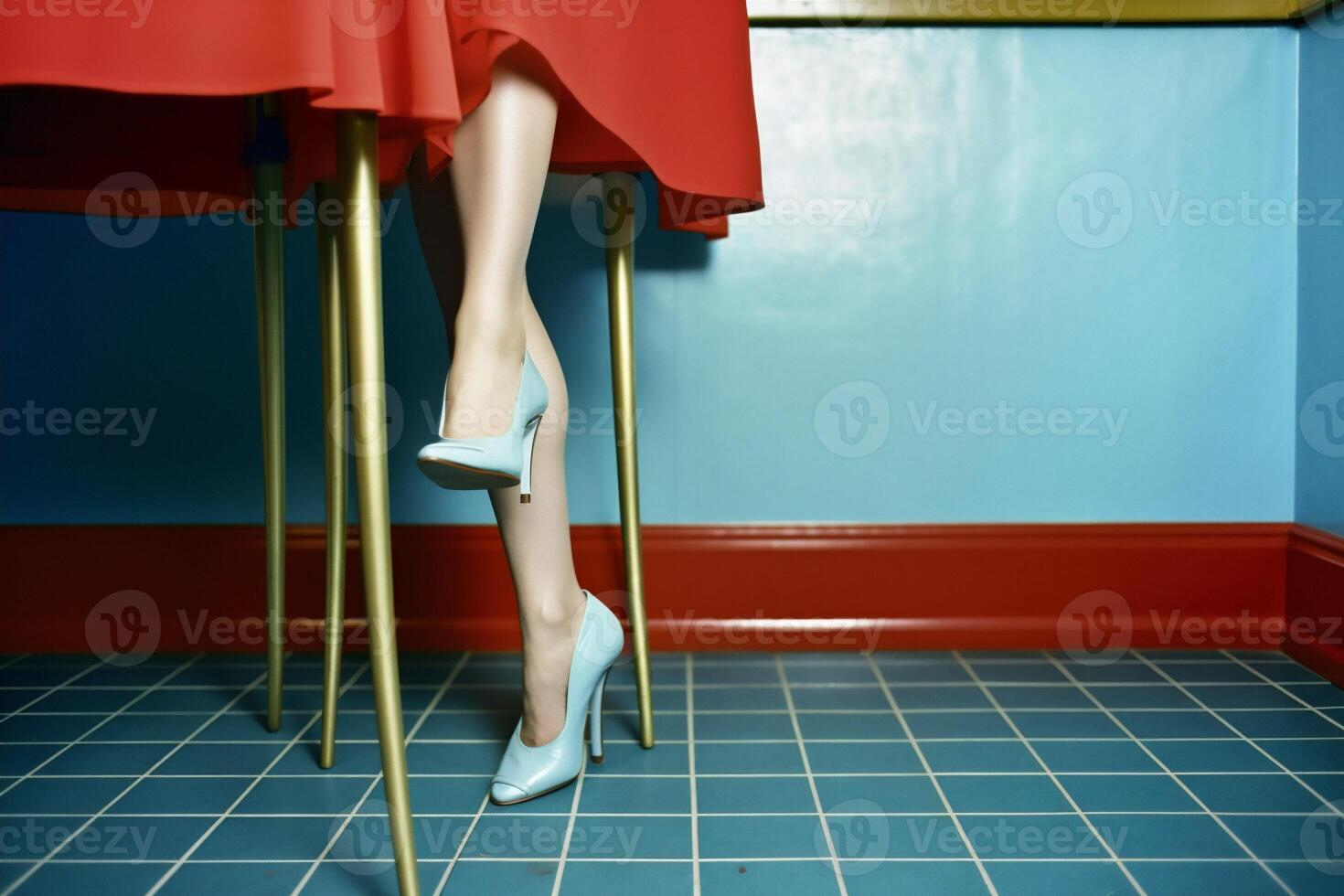 femme magnifique chaussure bleu mode haute concept jambe coloré rouge pied. génératif ai. photo