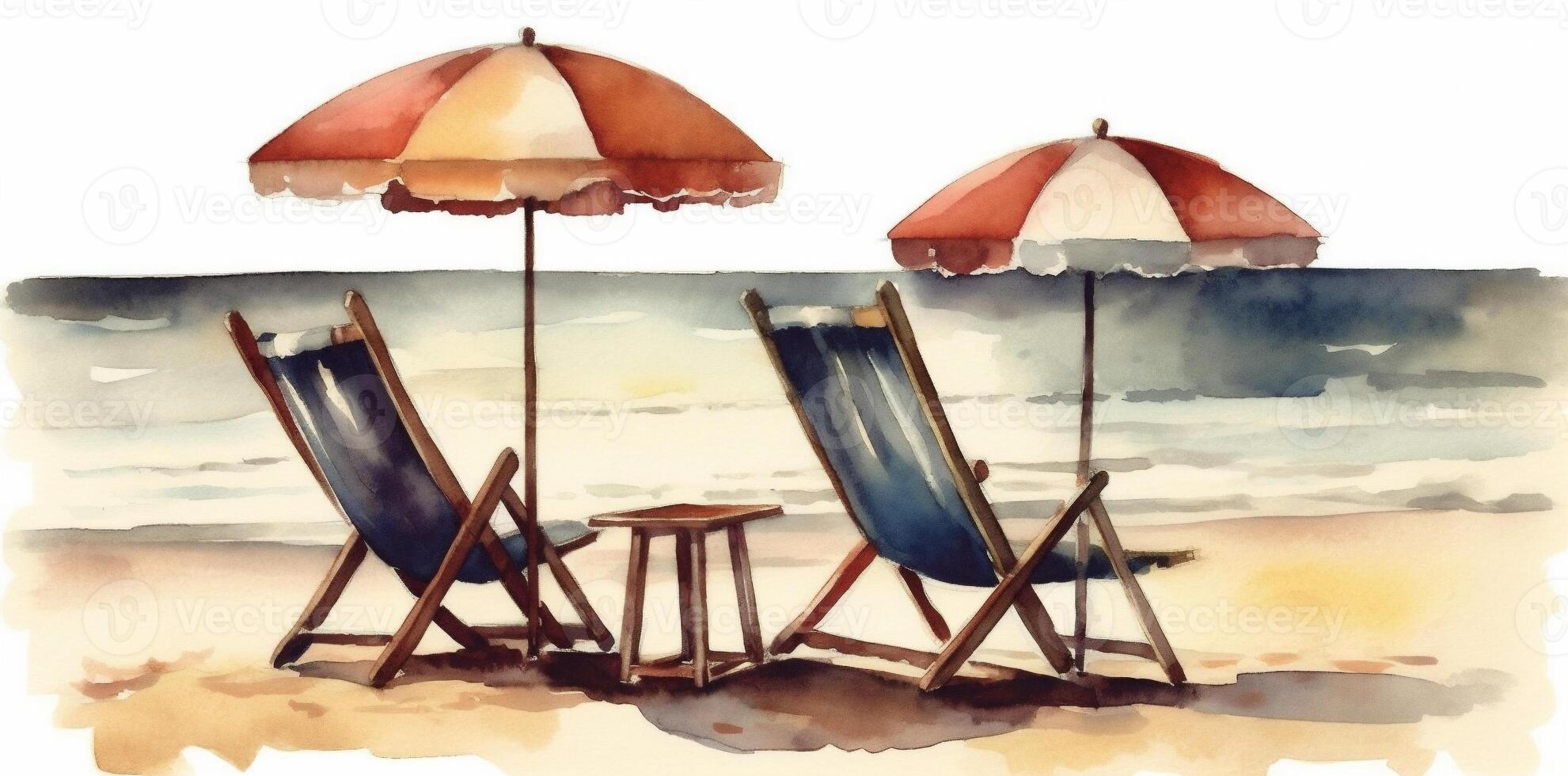 du repos Contexte plage parapluie été recours chaise fainéant vacances aquarelle se détendre. génératif ai. photo