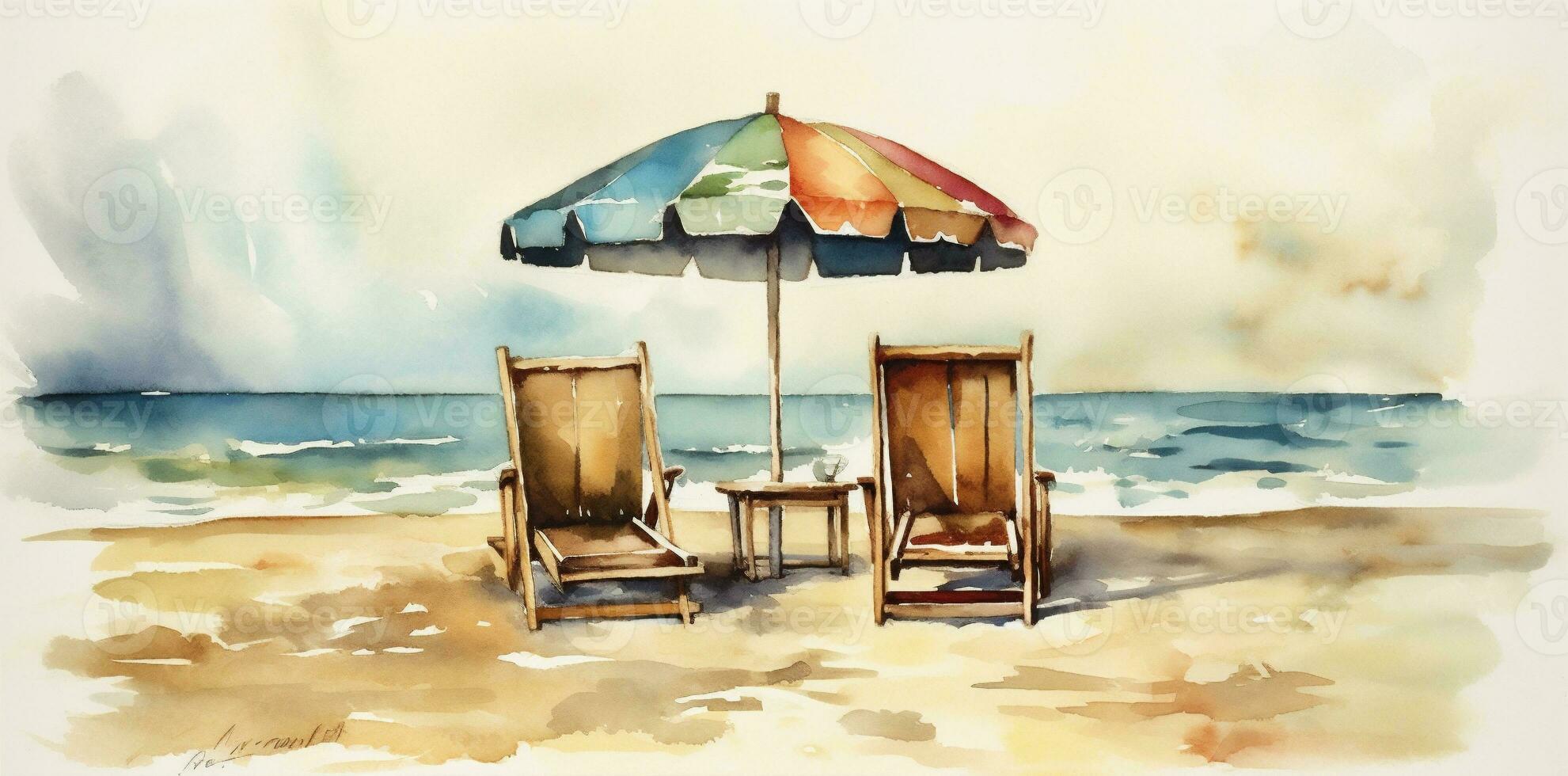recours été plage se détendre du repos parapluie chaise Contexte vacances aquarelle l'eau. génératif ai. photo