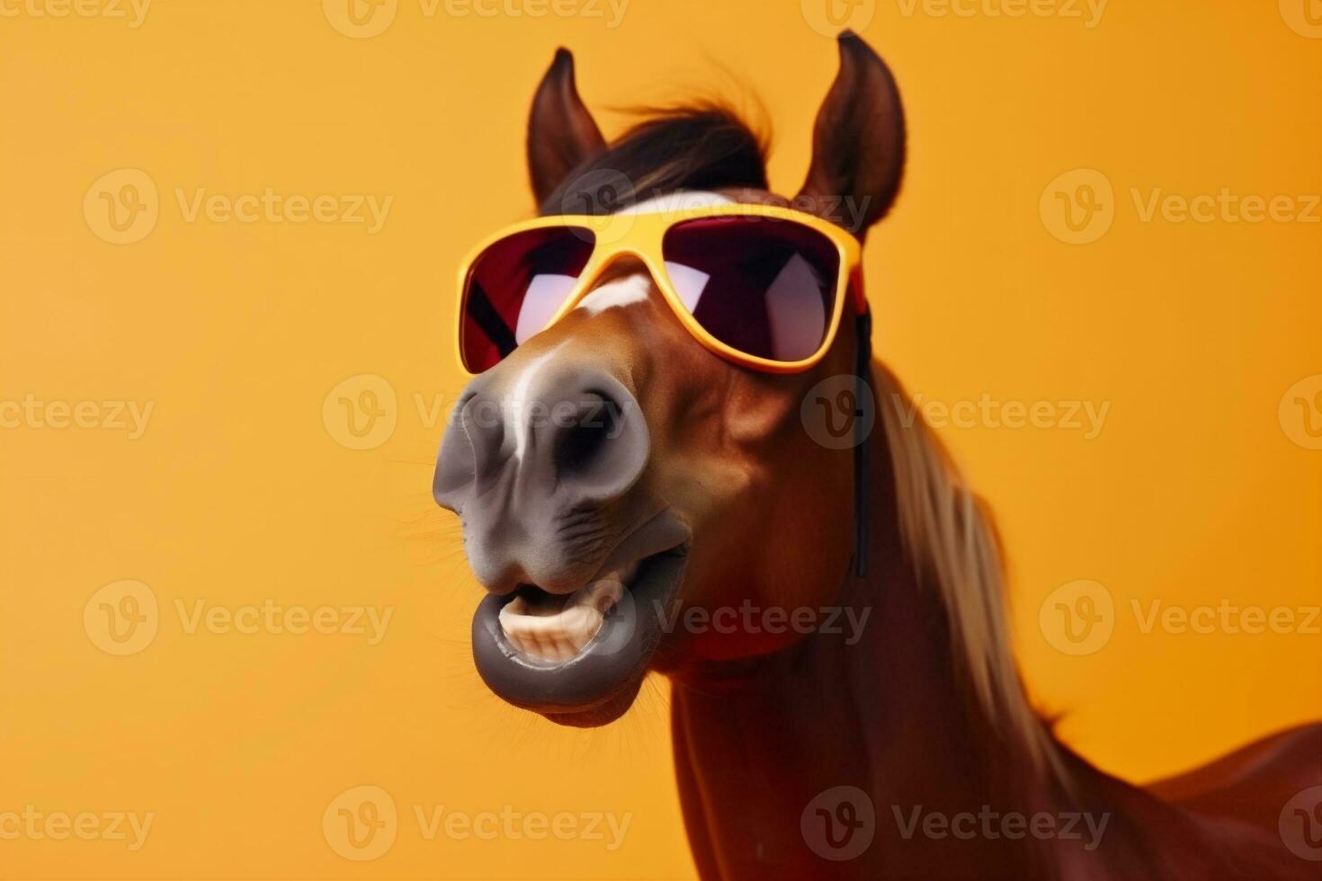 sourire cheval Contexte marrant amusement des lunettes de soleil des lunettes de protection ai animal coloré portrait. génératif ai. photo