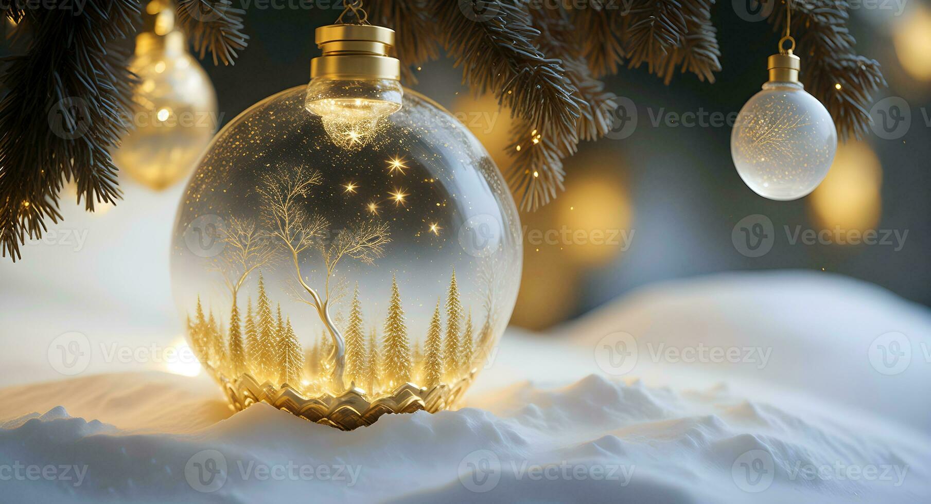 une hivernal scène de de fête or et blanc Noël ornements, enfermé dans une verre neige globe. ai généré photo