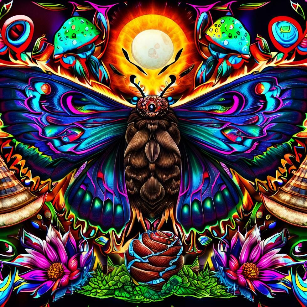 psychédélique, la magie champignons papillon, lune, cloches fleurs imprimer, tatouage, psy art photo