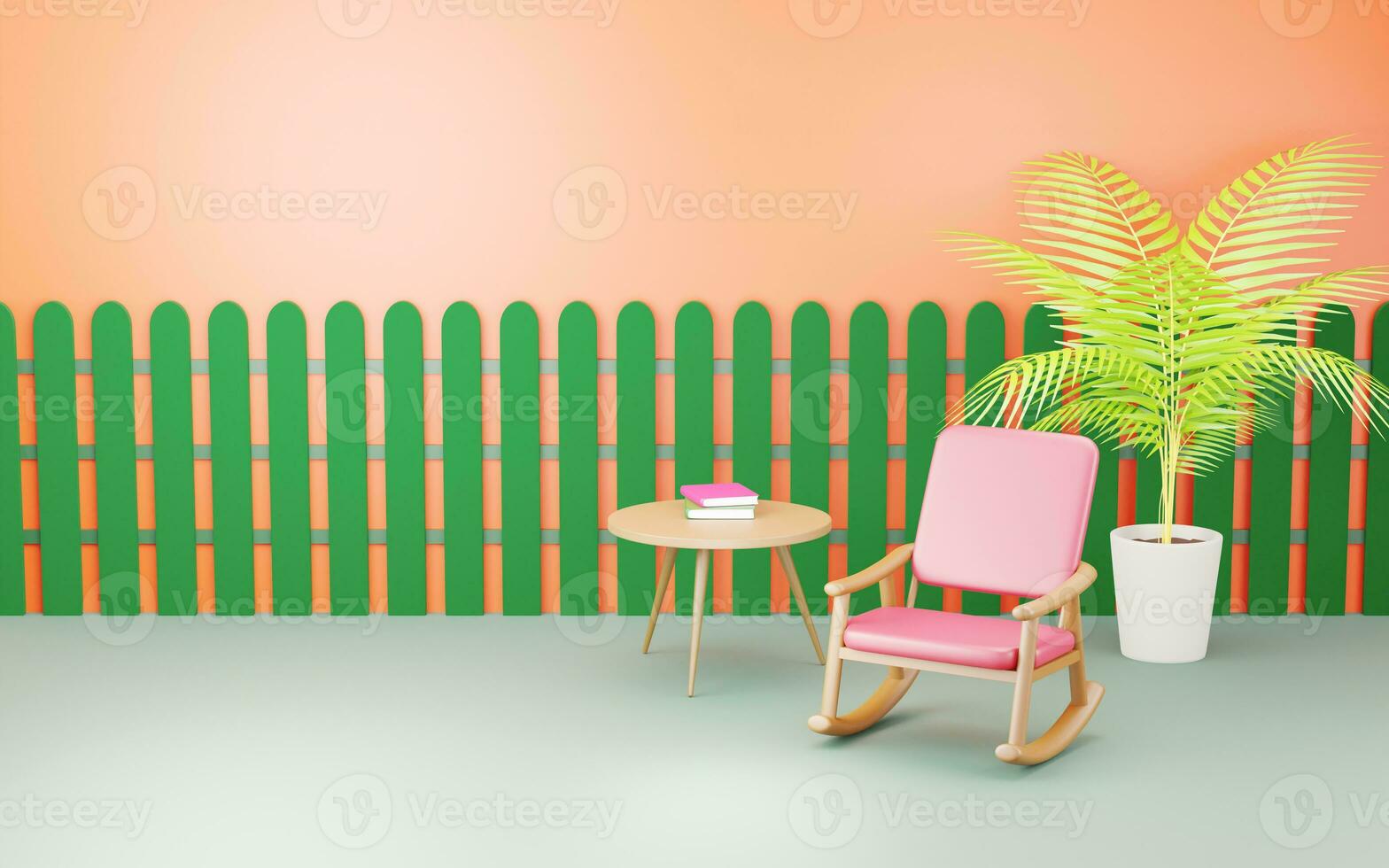 3d rendre illustration avec confortable sièges zone par le vert clôture, avec une balancement chaise, en train de lire livres sur le table et paume des arbres dans blanc marmites. photo