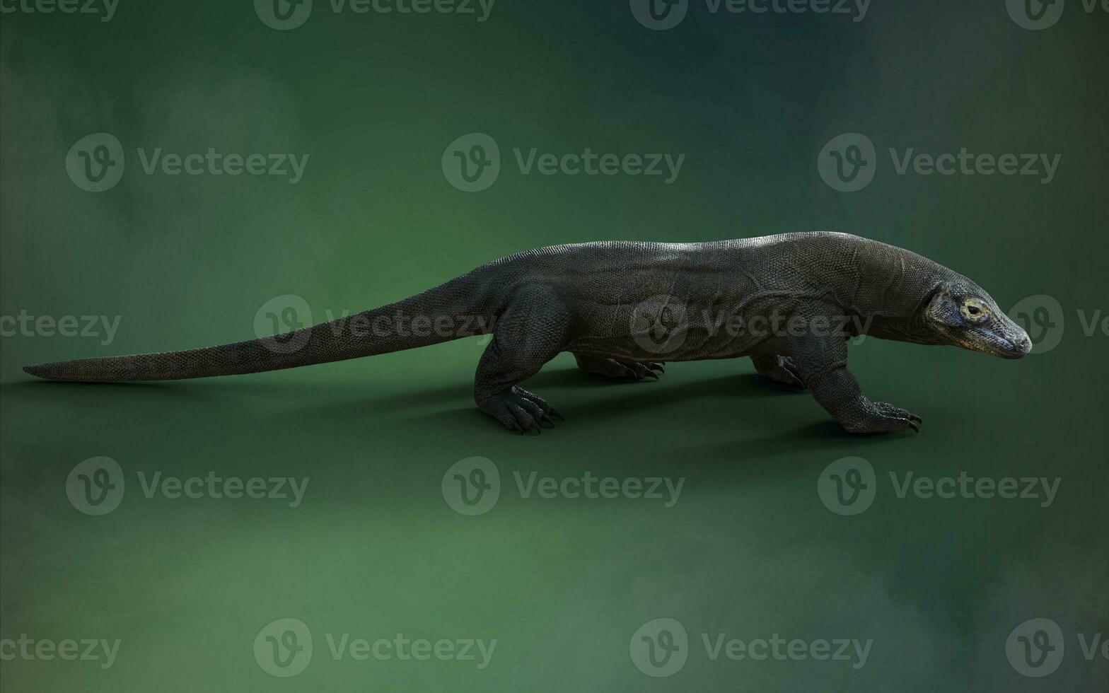 3d le rendu de une Komodo dragon isolé sur vert Contexte avec coupure chemin. photo