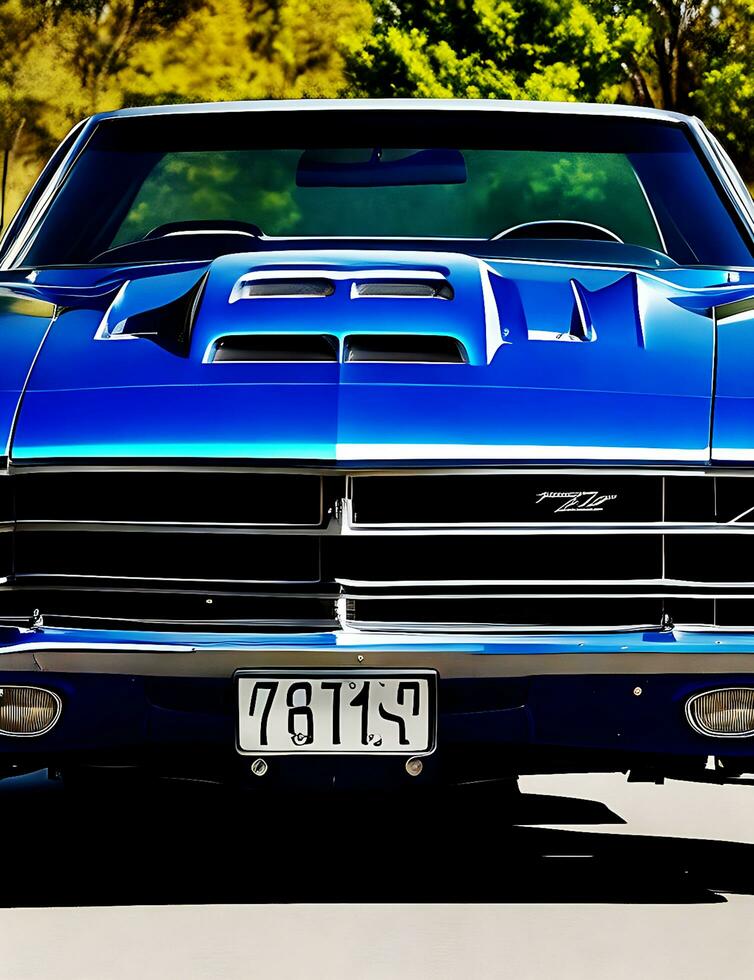 photo une bleu et noir muscle voiture avec le Licence assiette cette dit trans sur le devant.