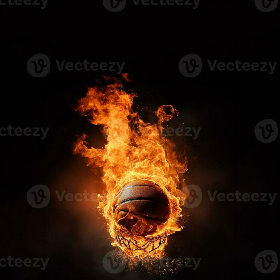 basketball Balle dans feu, basketball Balle sur Feu sur une noir arrière-plan, génératif ai. photo