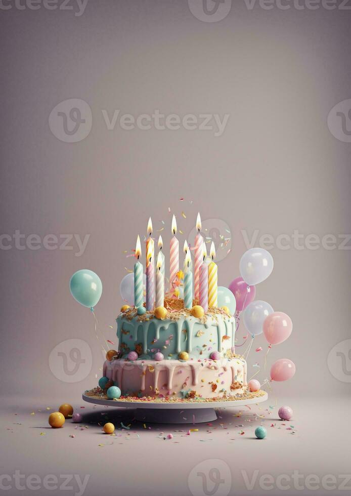 anniversaire coloré gâteau décoré avec bonbons, anniversaire gâteau avec bougies, génératif ai. photo