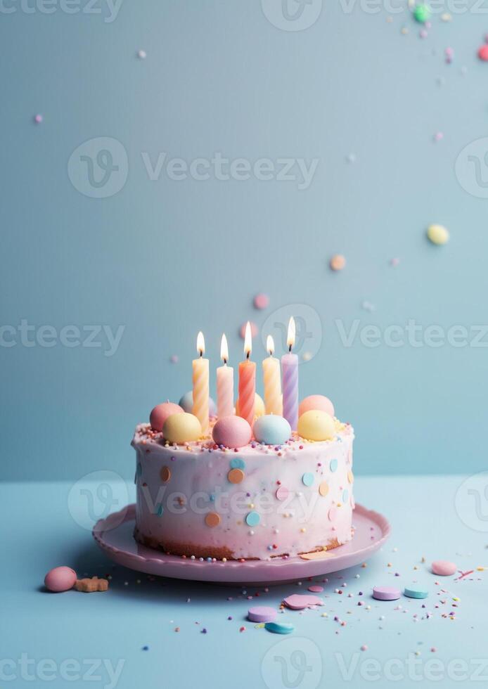 anniversaire coloré gâteau décoré avec bonbons, anniversaire gâteau avec bougies, génératif ai. photo