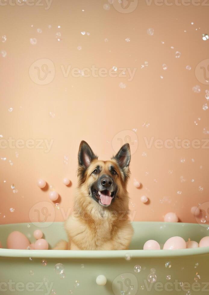 mignonne Belge berger chien dans une petit baignoire avec savon mousse et bulles, mignonne pastel couleurs, génératif ai. photo