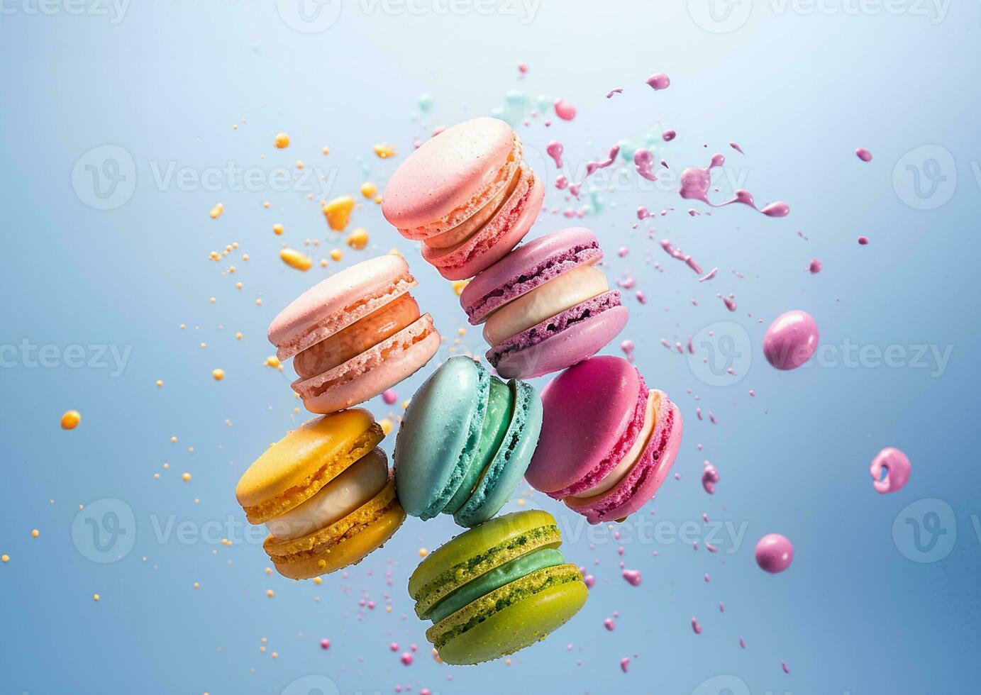 macaron dessert. coloré macarons en volant, français macaron biscuits, sucré dessert. photo