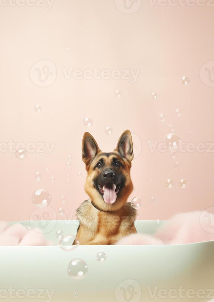 mignonne allemand berger chien dans une petit baignoire avec savon mousse et bulles, mignonne pastel couleurs, génératif ai. photo