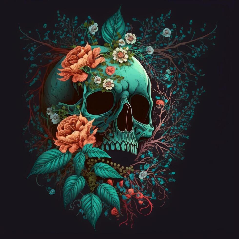 crâne décoration avec fleur ou floral, ai généré photo
