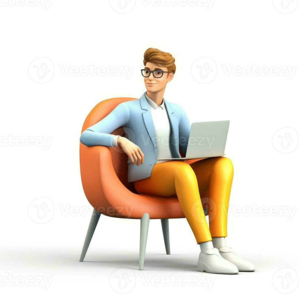 3d illustration de homme d'affaire avec ordinateur portable, homme d'affaire travail dans Bureau dessin animé personnage. 3d le rendu. 3d illustration. ai génération photo