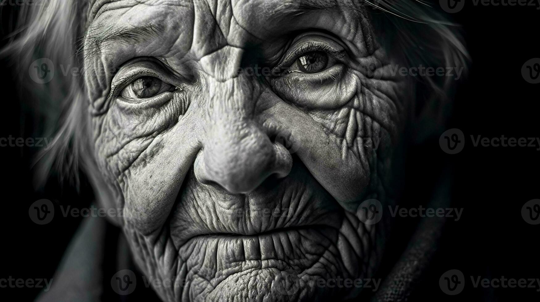 le concept de vieux personnes, une portrait de une grand-mère avec une ridé affronter, monochrome fabriqué avec génératif ai photo