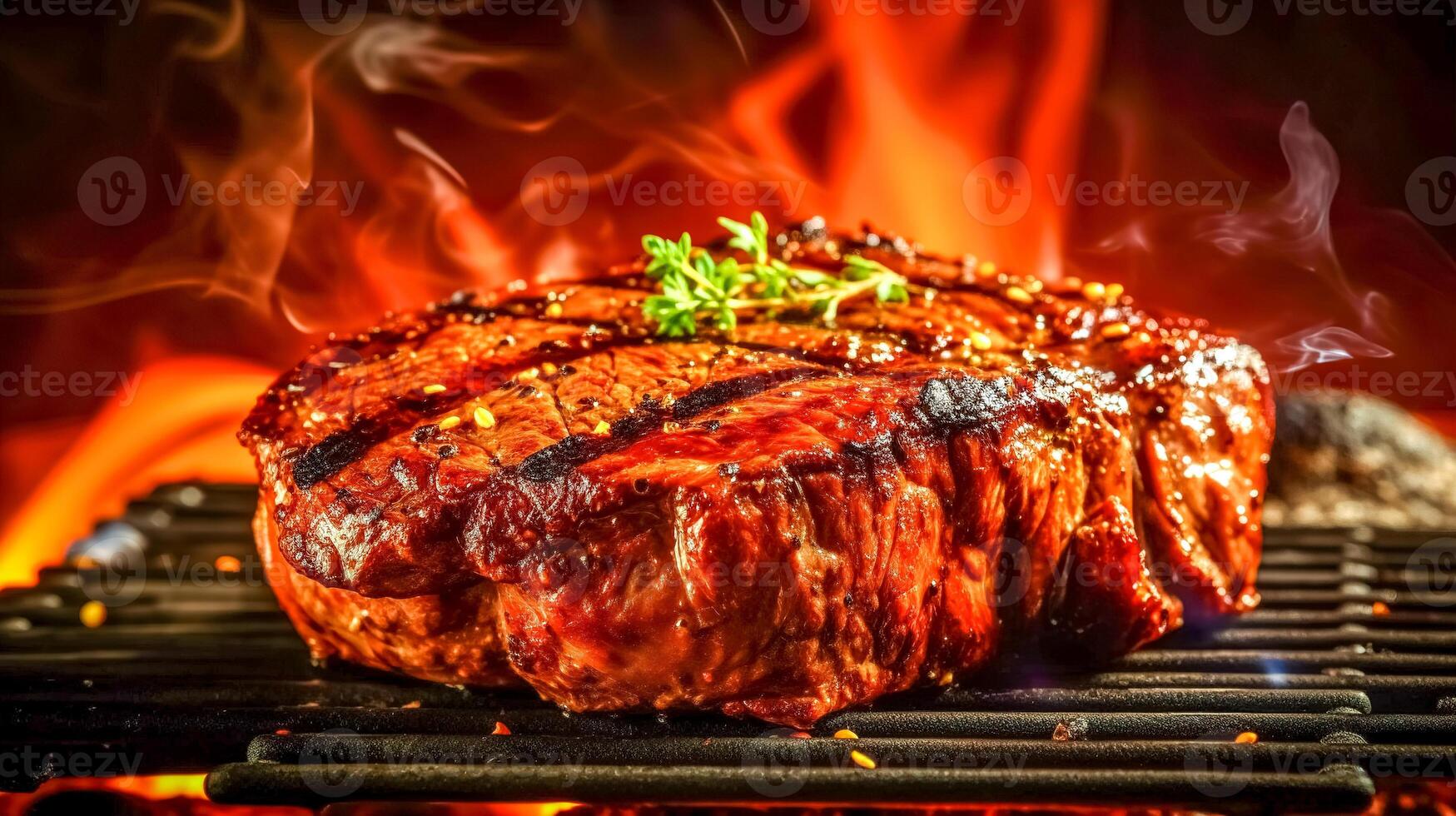 du boeuf steak avec Romarin sur le Feu de une chaud gril, barbecue faire la fête, fabriqué avec génératif ai photo