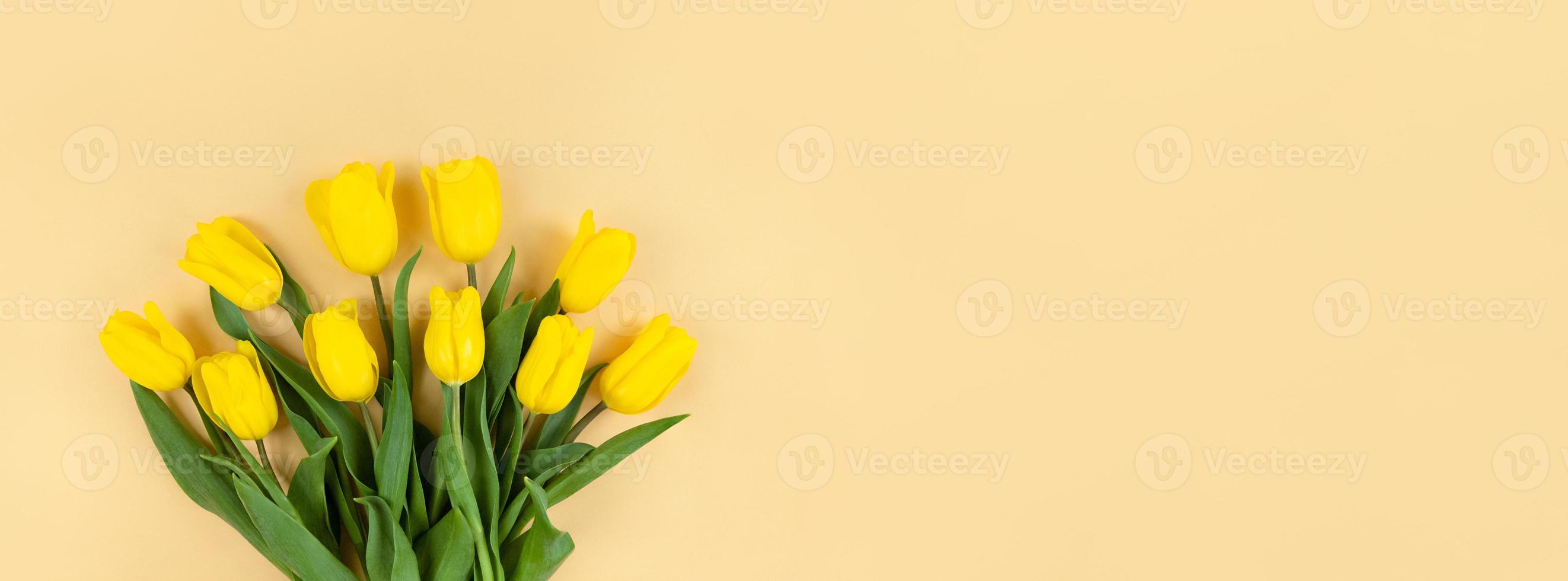 bouquet de tulipes jaunes sur fond beige avec espace de copie. photo