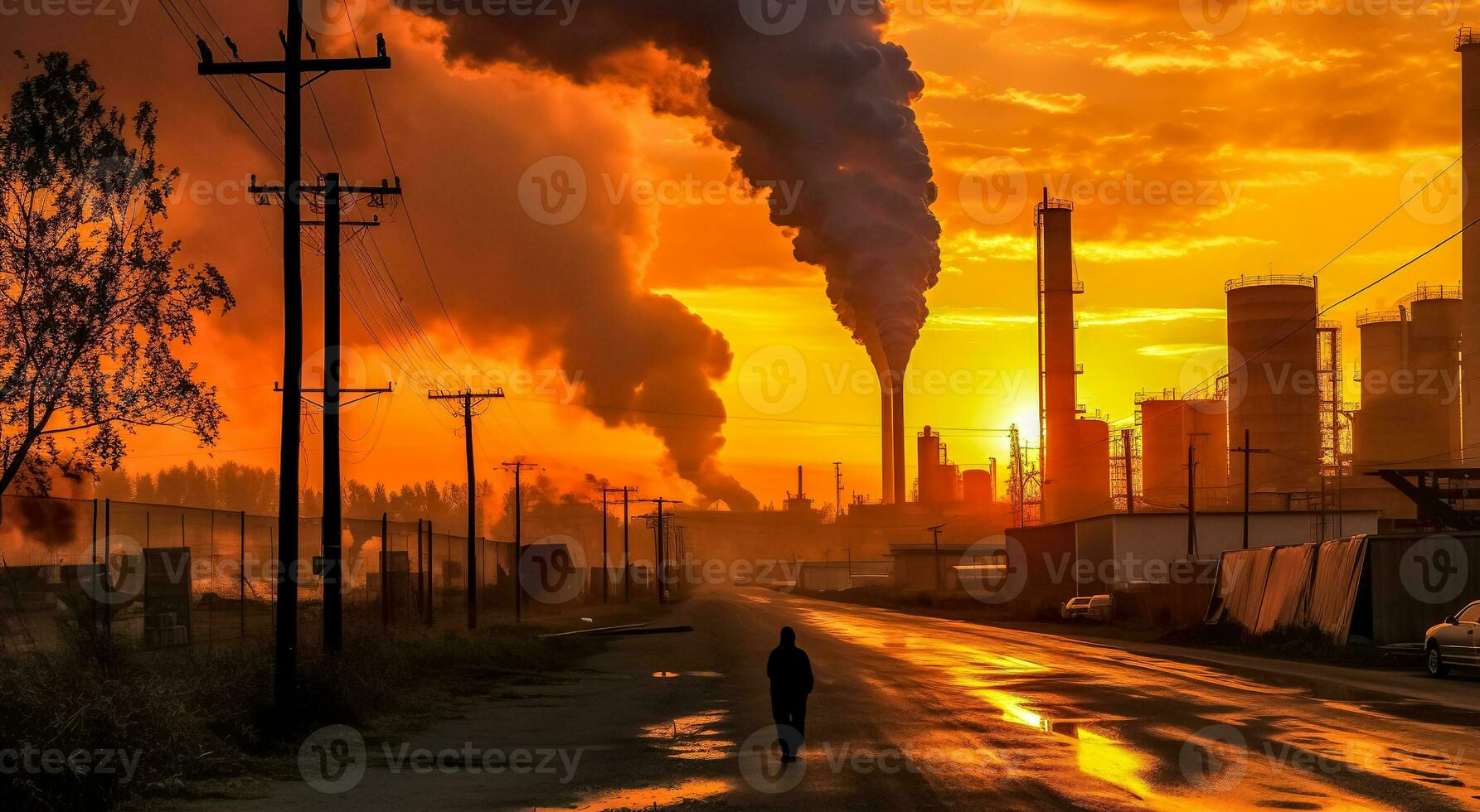 écologique catastrophe, industriel des usines polluer le air avec toxique fumée de le cheminée, fabriqué avec génératif ai photo