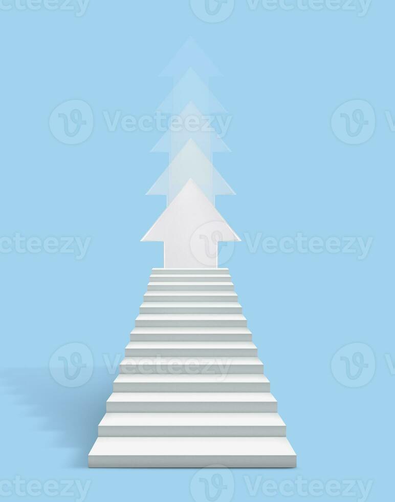 vision affaires idée. escaliers avec blanc flèches sur une lumière bleu Contexte photo