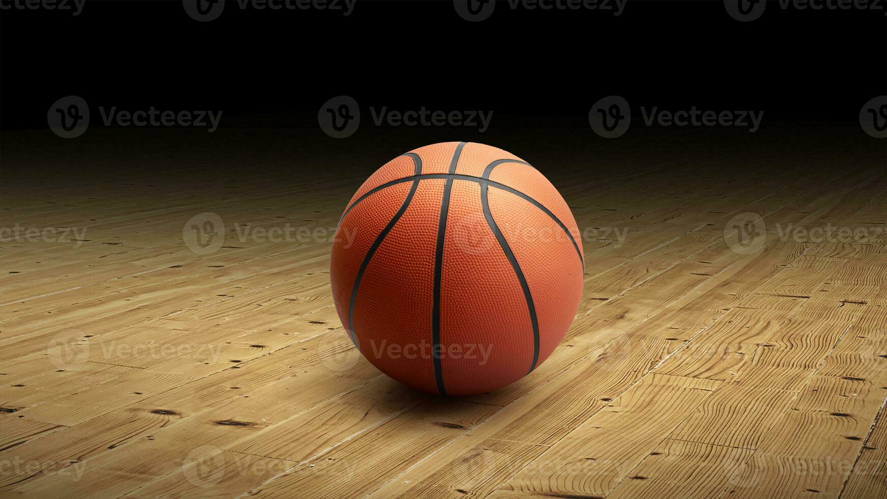 une basketball avec une foncé Contexte sur une bois dur Gym sol photo