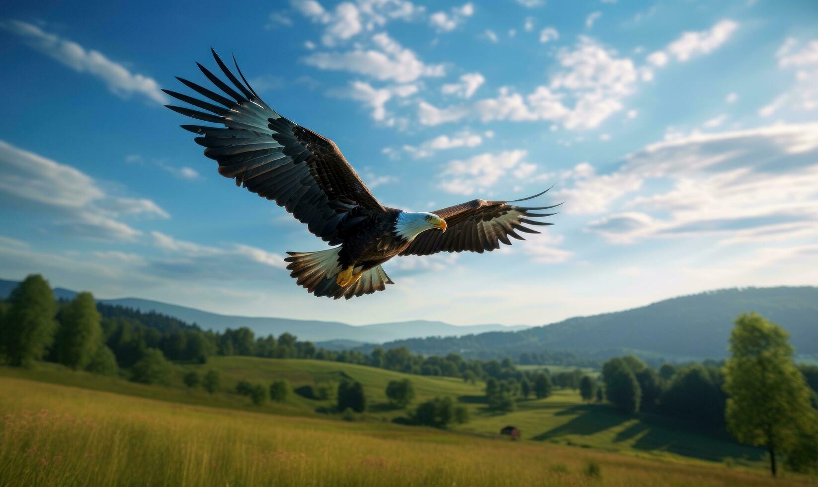 chauve Aigle en volant sur vert champ bleu ciel Contexte. génératif ai photo