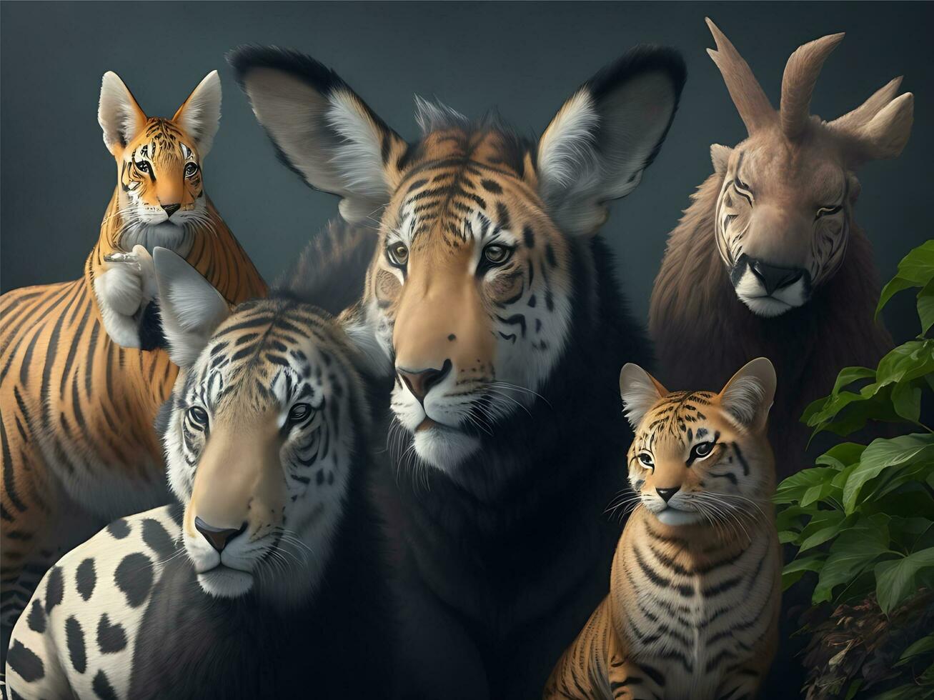 groupe de beaucoup africain animaux girafe, lion, éléphant, singe et autres même visage supporter ensemble dans avec animation Contexte photo