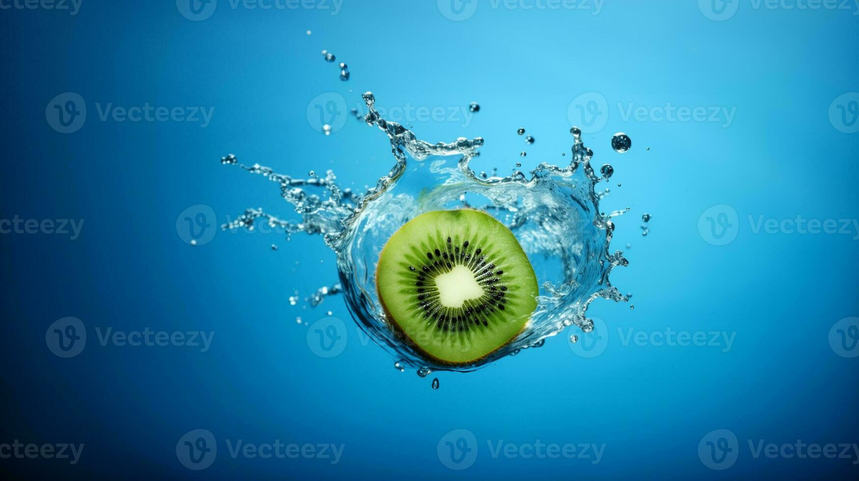 kiwi fruit chute dans l'eau éclaboussure isolé sur bleu Contexte. ai généré photo