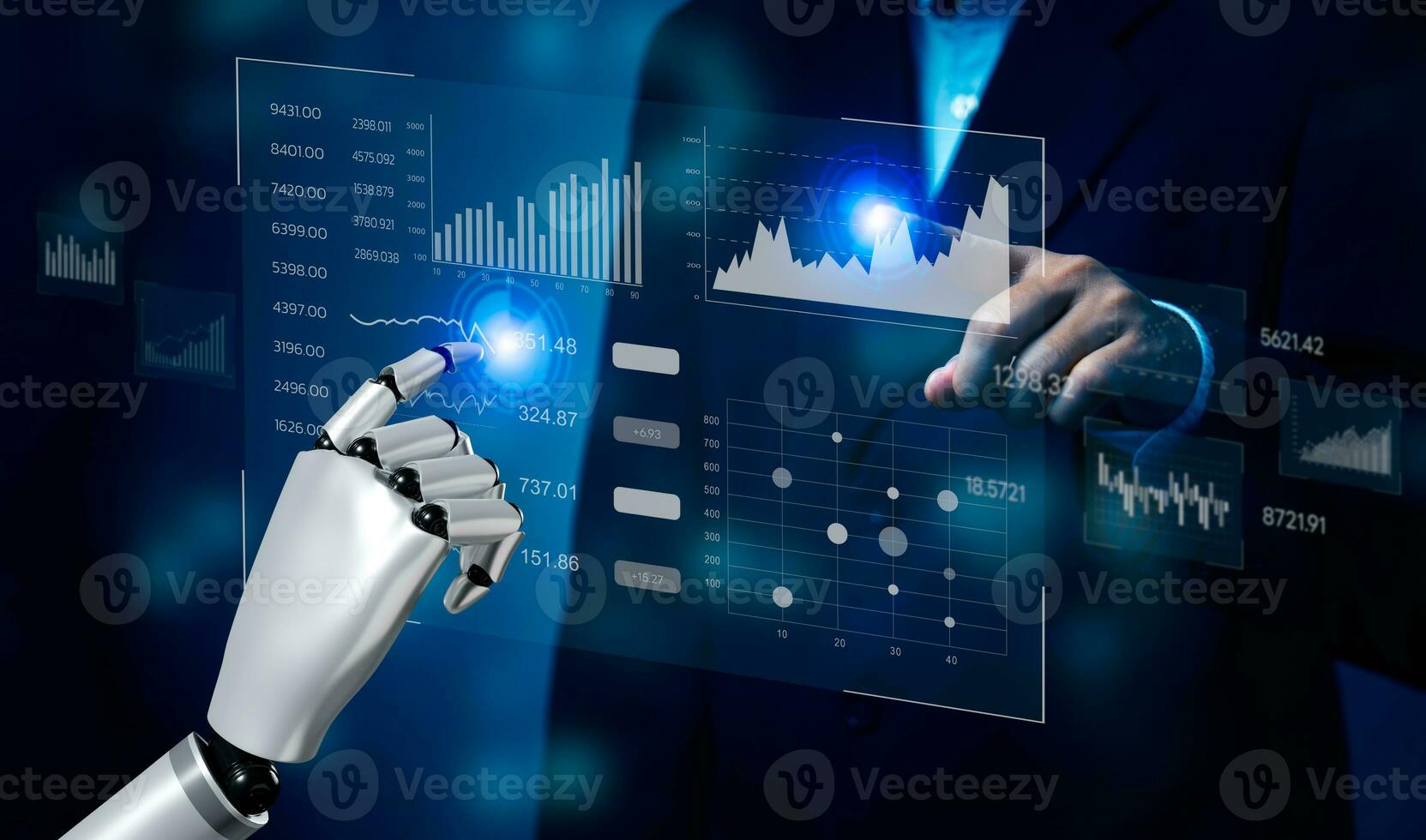 affaires 3d le rendu artificiel intelligence ai robot tableau de bord gros Les données diagramme graphique virtuel filtrer. économique une analyse et investissement la finance et commercialisation affaires intelligence bi concept. photo