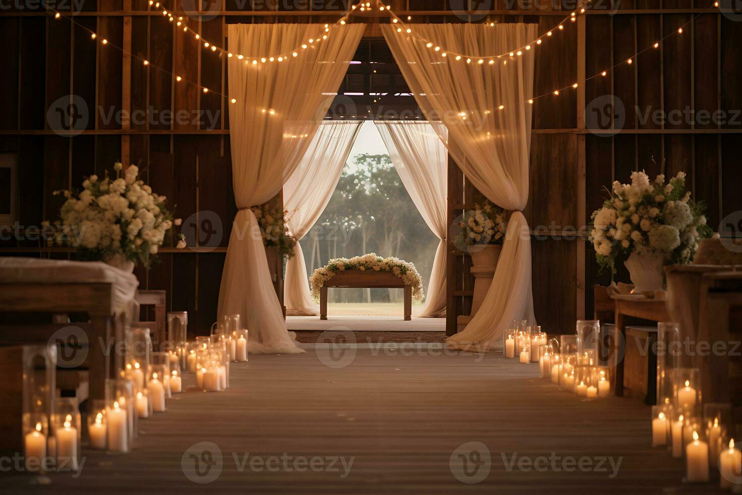 mariage la cérémonie dans une en bois intérieur avec bougies et fleurs ai génératif photo