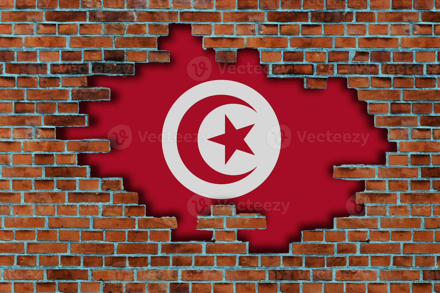 3d drapeau de Tunisie derrière le cassé vieux pierre mur Contexte. photo