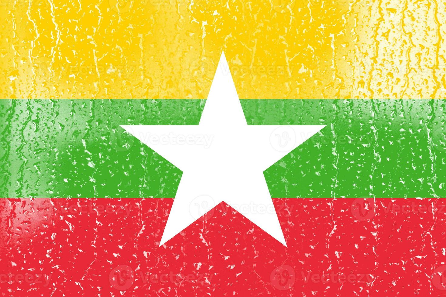 3d drapeau de myanmar sur une verre avec l'eau laissez tomber Contexte. photo