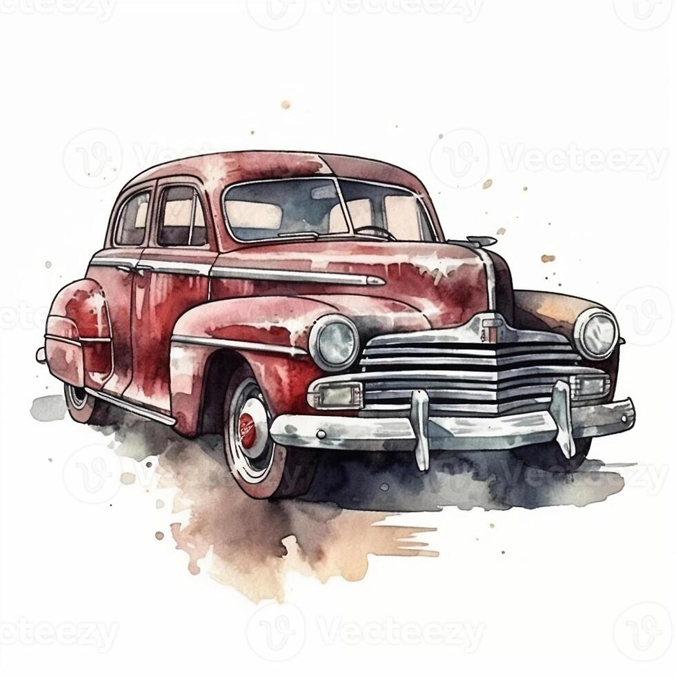 vieux rétro auto. aquarelle illustration dans esquisser style. voiture, transport, ancien. à créer cartes postales, affiches pour impression, impressions. ai généré. photo