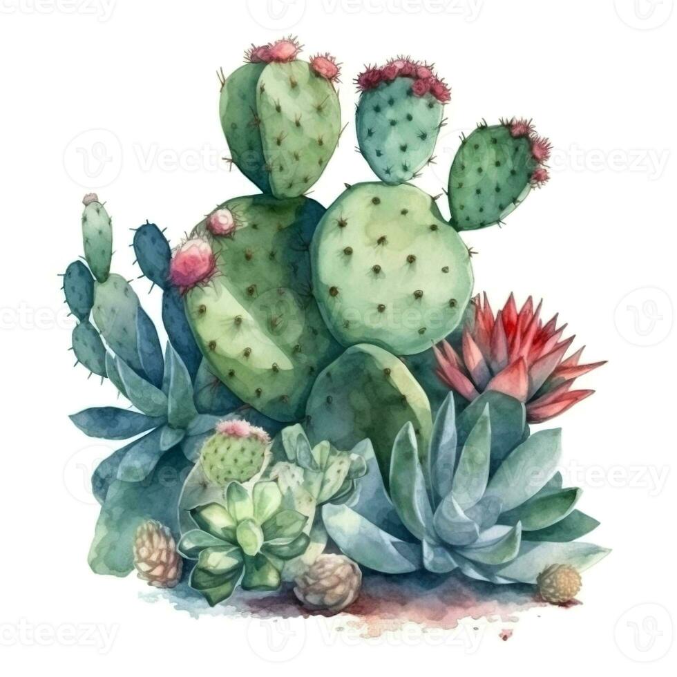aquarelle illustration de une cactus. plante d'appartement, désert, succulent. pour création affiches, autocollants, cartes postales, impressions, sublimations. ai généré photo