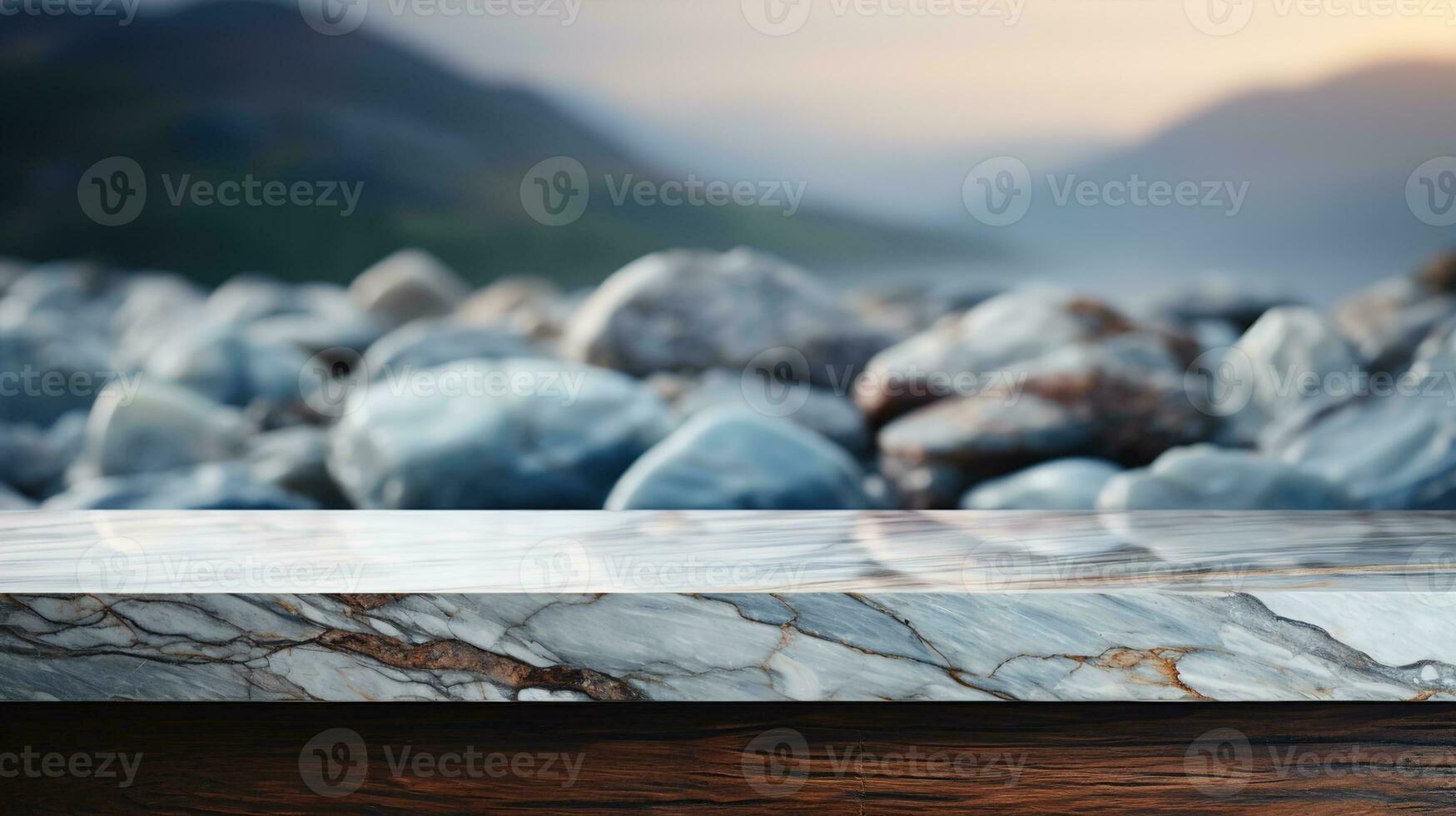 une de face vue de une luxueux blanc et or vide marbre table pour produit placement sur une foncé arrière-plan, portion comme une Vide marbre table maquette, ai génératif photo