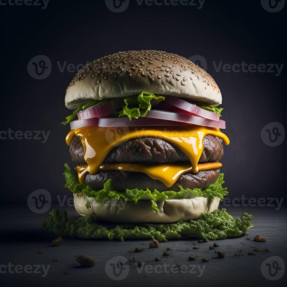 Burger sur une noir Contexte ai généré. photo