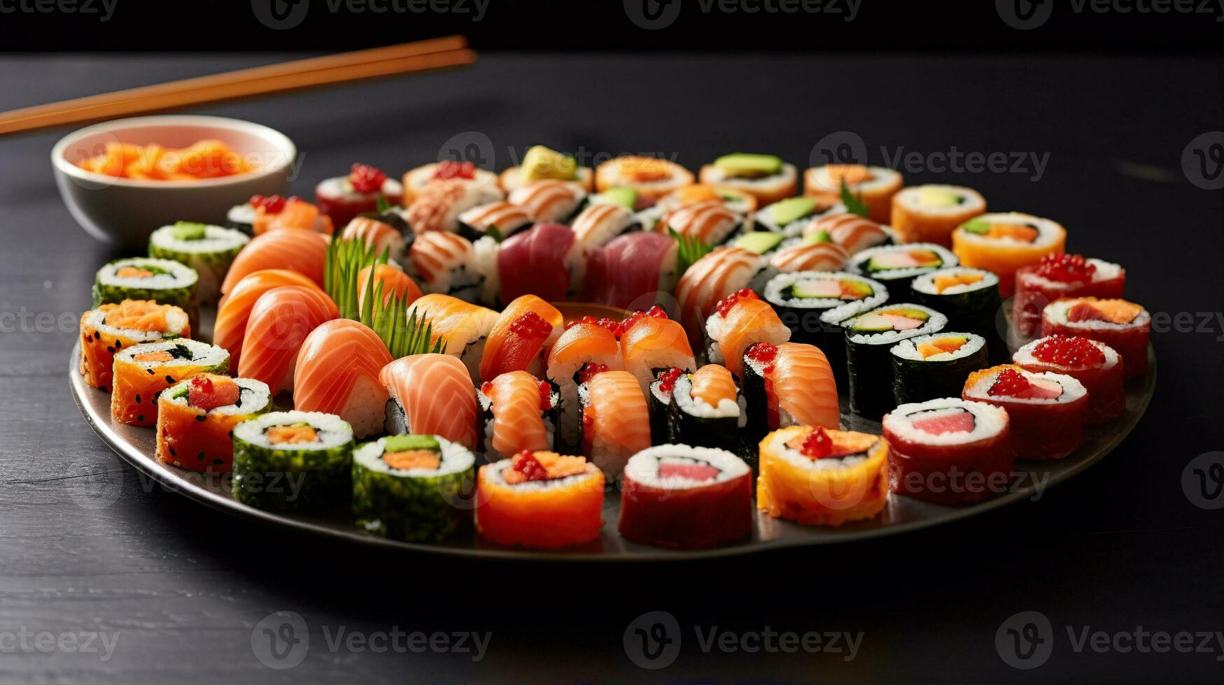 Sushi menu. rouleau avec saumon, avocat, concombre. Japonais aliments. établi avec génératif ai photo
