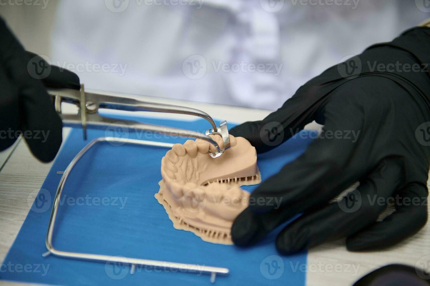 proche en haut de gypse mâchoire. dentiste dans chirurgical gants travaux sur dentaire implant dans médical laboratoire. prothétique ingénieur à travail photo