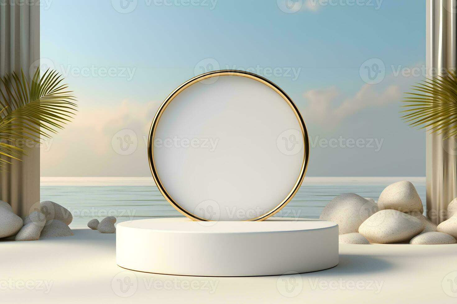 abstrait minimaliste géométrique néon arrière-plan, Facile vitrine scène avec blanc hémisphère et d'or anneau, or rond Cadre et liquide sol avec réflexion. podium pour produit présentation photo