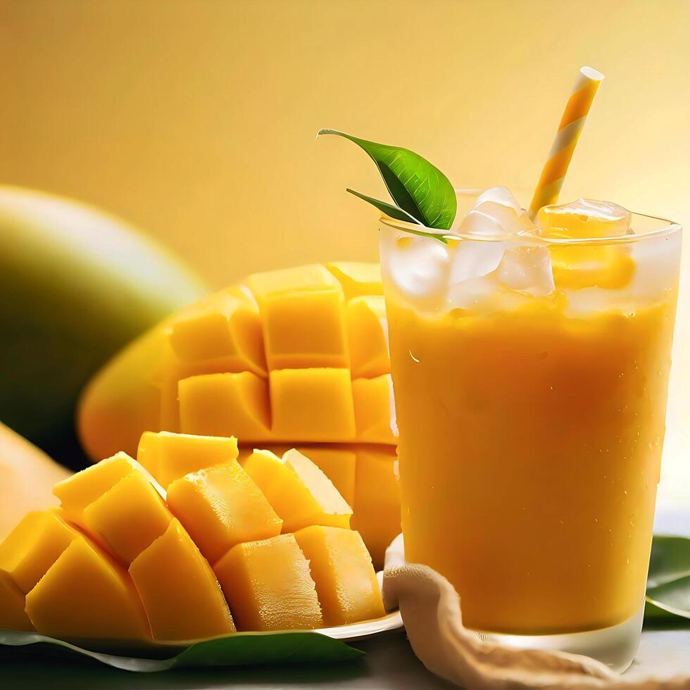 tropical mangue smoothie avec la glace cubes, frais menthe feuilles et jardinage scène généré par ai gratuit photo