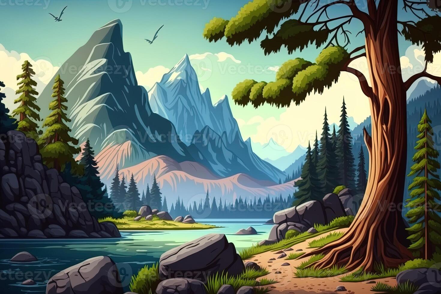 une dessin animé Contexte de montagnes, rivières, et des arbres généré par ai photo