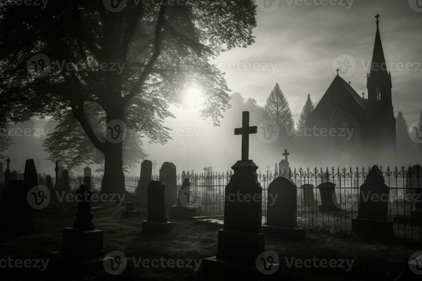 un de bonne heure brouillard couvrant un la tombe Cour avec pierres tombales. le pierres tombales dans le premier plan. génératif ai photo
