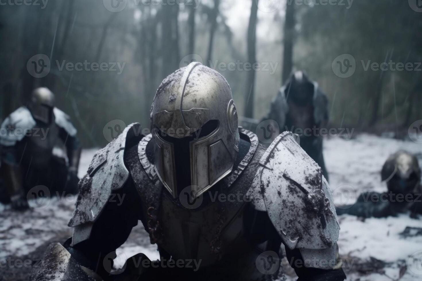 guerrier dans le métal armure dans le neige. fantaisie chevaliers dans hiver neigeux paysage. génératif ai photo