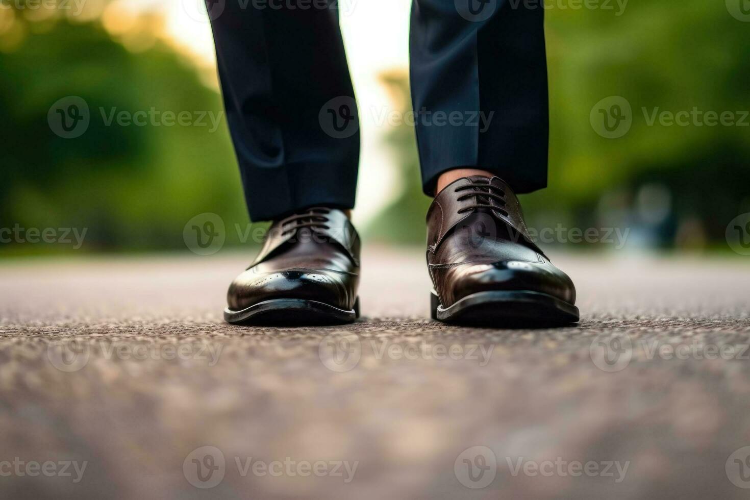 homme d'affaire marcher sur route, proche en haut chaussures. Masculin des chaussures et pantalon dans en marchant position. génératif ai photo